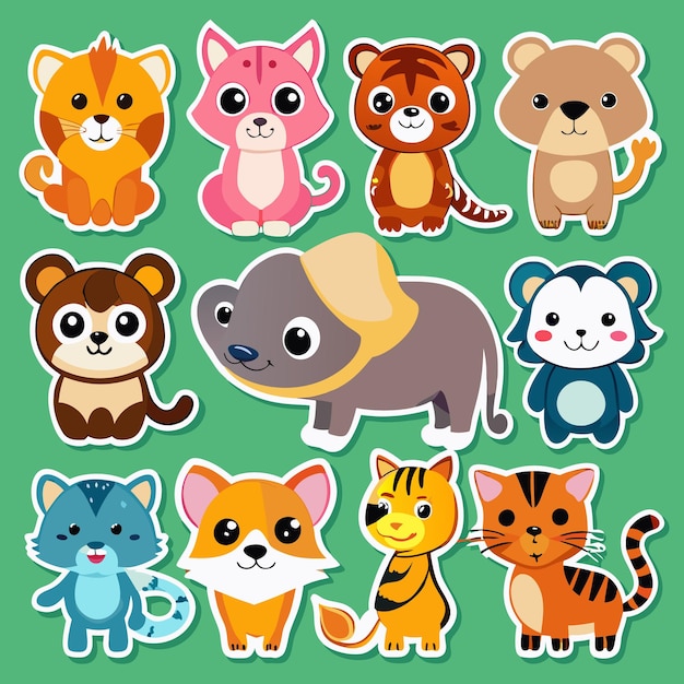 Vector cute animal stickers variety of adorable wildlife illustrations