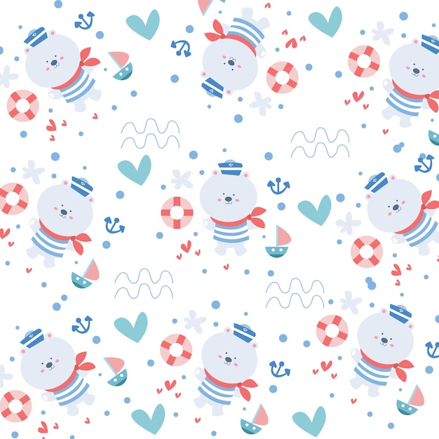 Cute animals bear captain vector seamless pattern design