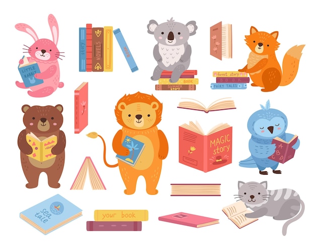 Cute animals with books Animal read book stacks School study characters bird rabbit bear in library Children education exact vector set