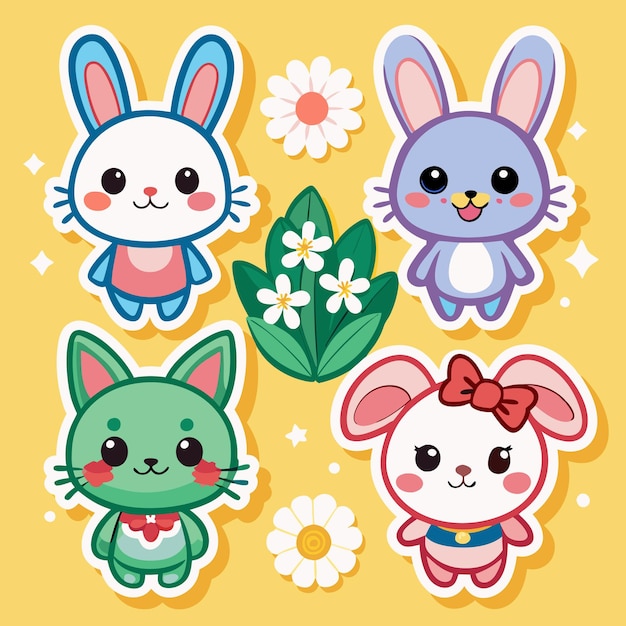 Vector cute animals with flowers stickers adorable bunny cat and more