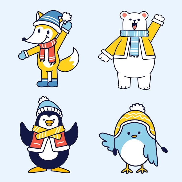 Cute Animals With Snow Outfit Collection Illustration