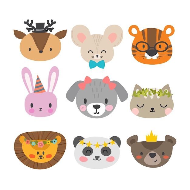 Vector cute animalsset of hand drawn smiling characters cat lion dog tiger panda deer bunny mouse and bear