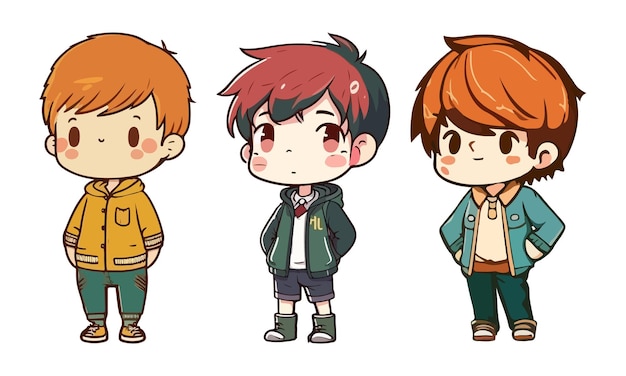 Vector cute anime kawaii cartoon of three boys with different hair styles and different expressions