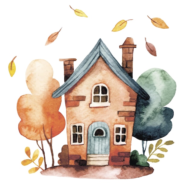 Vector cute autumn house watercolor illustration with a house with autumn leaves and trees