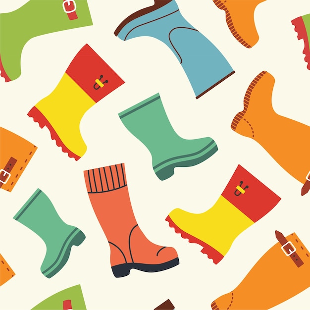 Cute autumn pattern with rubber boots. Fall season seamless background