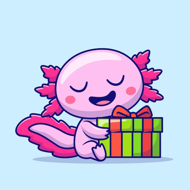 Cute Axolotl Holding Gift Box Cartoon Vector Icon Illustration Animal Holiday Icon Isolated Flat