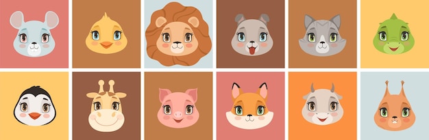 Vector cute baby animal faces animals emoticons funny lion giraffe cat red fox cartoon childish stickers vector set