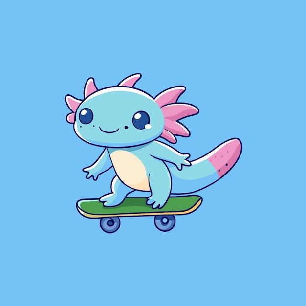 cute baby axolotl playing skateboard cartoon illustration