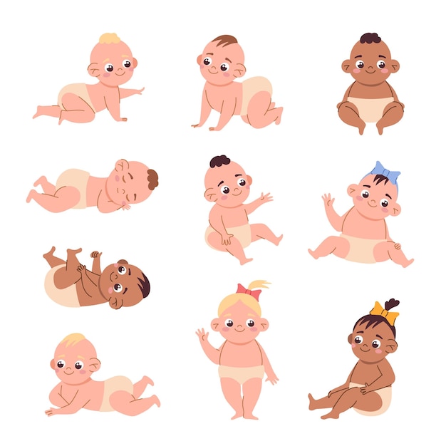 Cute baby Cartoon newborn boys and girls in diapers Toddlers sleeping or playing Happy infants with faces and hairs Human age Children sitting and crawling Vector kids poses set