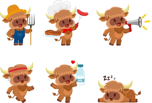 Vector cute baby highland cow cartoon character vector flat design collection set