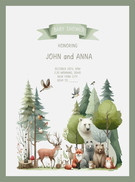 Vector cute baby shower watercolor invitation card with wild forest animals