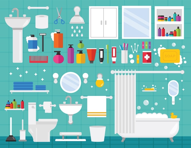 Cute Bathroom Design Elements in Flat Vector Illustration