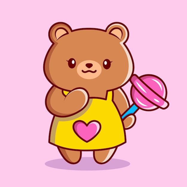 Cute bear girl with a lollipop in her hand and in a dress with a heart, children's cartoon