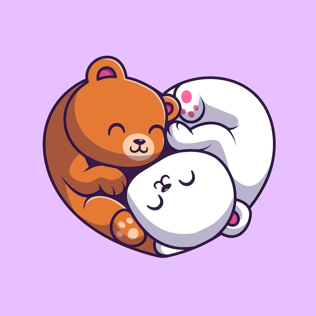 Cute Bear and Polar Bear Sleeping Together Cartoon Vector Icon Illustration. Animal Nature Isolated