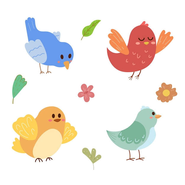 Cute birds and leaves set Animal background nature Vector flat design kids illustration Cartoon