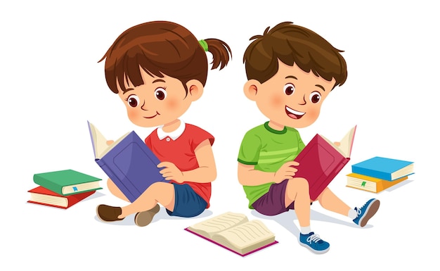 Vector cute boy and girl are relaxing and enjoying reading books