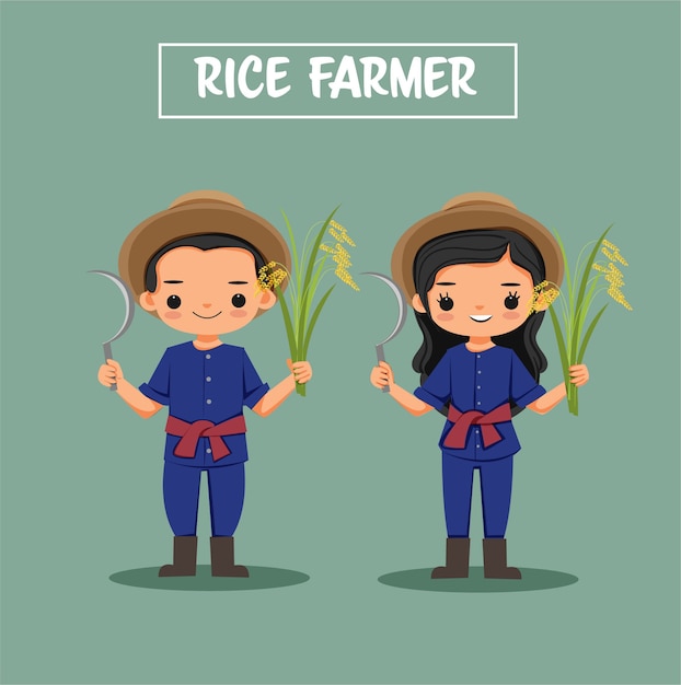 Cute boy and girl rice farmer cartoon character