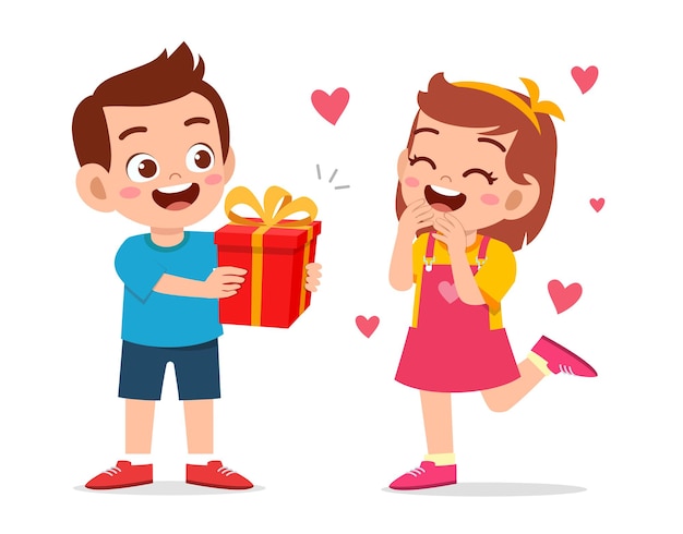 Cute boy give present to little girl for celebrate birthday