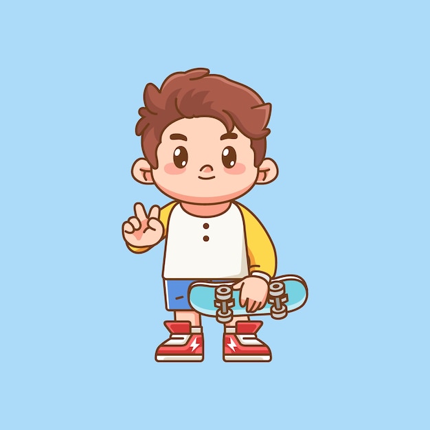 Vector cute boy playing skateboard kawaii chibi character mascot illustration outline design