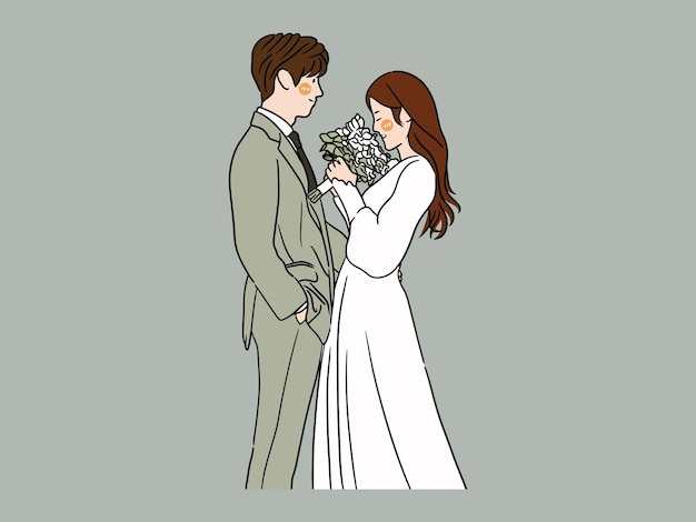 Vector cute bride and groom couple in wedding dress cartoon character