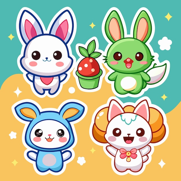 Vector cute bunny stickers adorable animal characters kawaii design