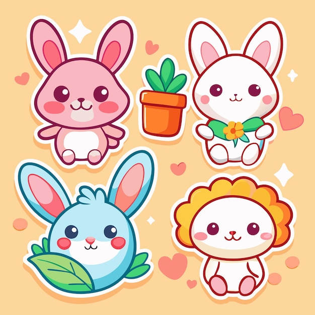 Vector cute bunny stickers with flower and plant