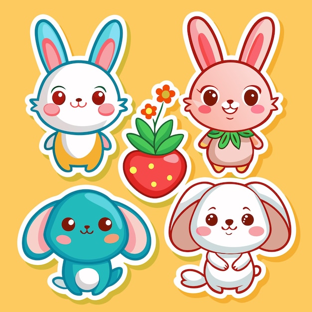 Vector cute bunny stickers with flowers strawberry