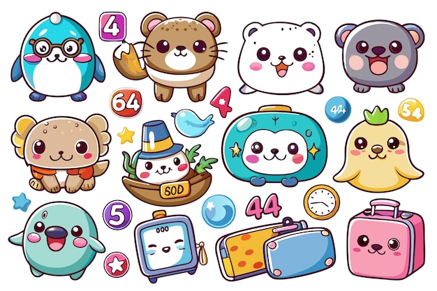 Vector cute cartoon animal character set with kawaii faces