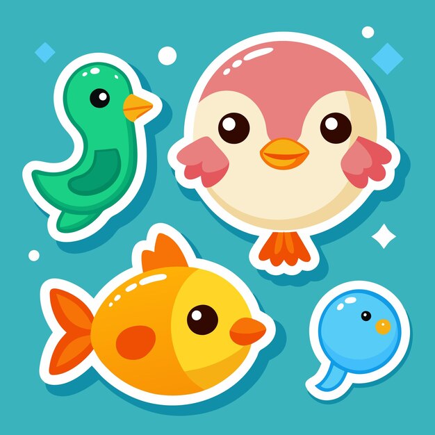 Vector cute cartoon animal sticker set with duck bird and fish on blue background