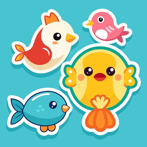 Vector cute cartoon animal stickers on blue background