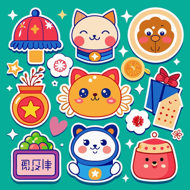 Vector cute cartoon animal stickers with chinese new year elements