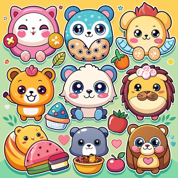 Vector cute cartoon animal stickers with various poses and expressions