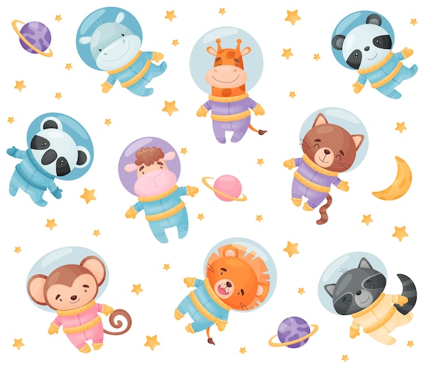 Cute cartoon animals astronauts. Hippopotamus, giraffe, koala, panda, lion, monkey raccoon cat sheep  illustration on white background