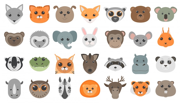 Vector cute cartoon animals heads set.