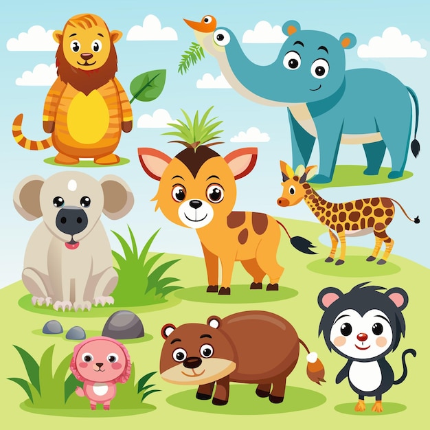 Vector cute cartoon animals playing in a green meadow