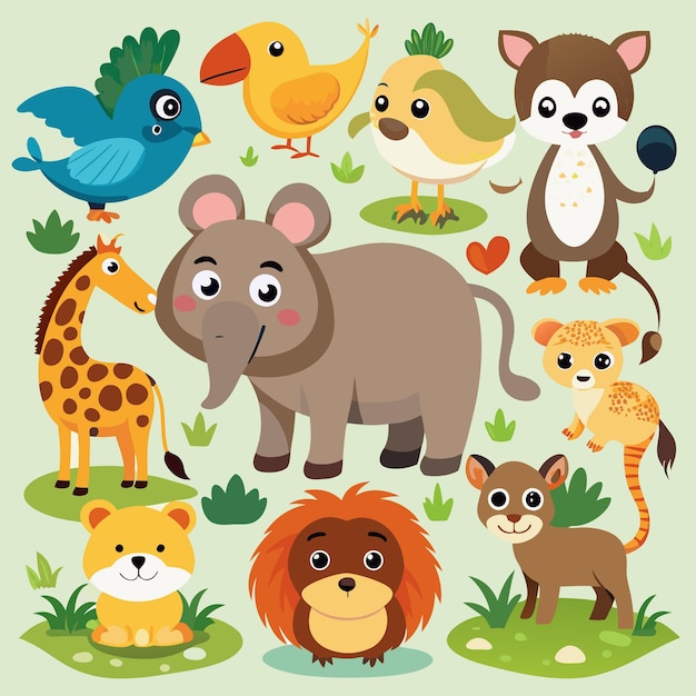 Vector cute cartoon animals set giraffe lion monkey and more