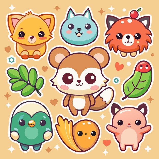 Vector cute cartoon animals stickers with big eyes pink cheeks and simple designs