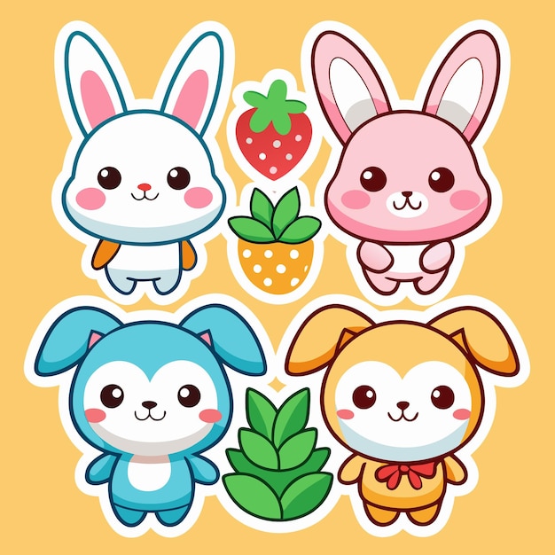 Vector cute cartoon animals with strawberries