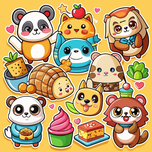 Cute cartoon animals with sweets and desserts