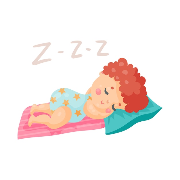 Cute cartoon baby in a blue bodysuit sleeping in his bed colorful character vector Illustration isolated on a white background