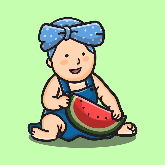 cute cartoon baby with watermelon in green background