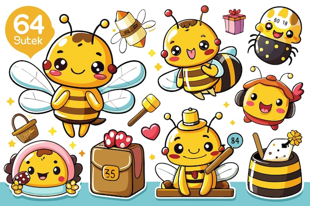 Vector cute cartoon bee characters with different accessories and poses