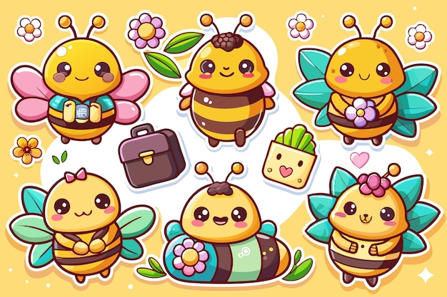 Vector cute cartoon bee stickers with different styles and accessories