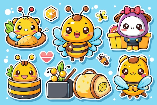 Vector cute cartoon bees in various poses with honeycomb and flowers on a blue background