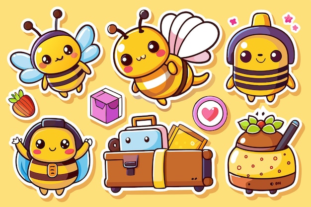 Vector cute cartoon bees in various poses with stickers and a suitcase