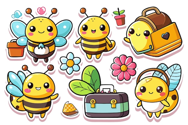 Vector cute cartoon bees with flowers leaves and luggage