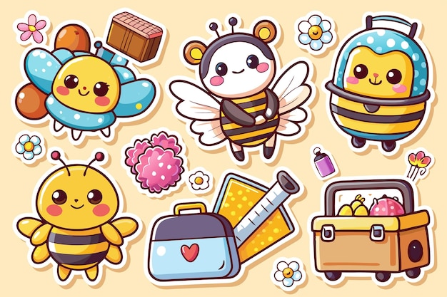 Vector cute cartoon bees with flowers tools and other objects on a yellow background