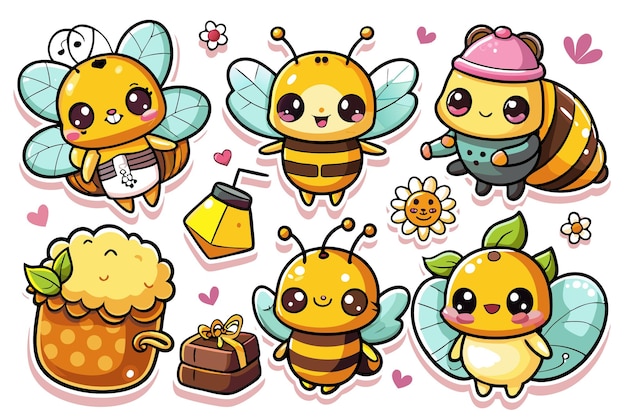 Vector cute cartoon bees with honey pot flowers and gifts