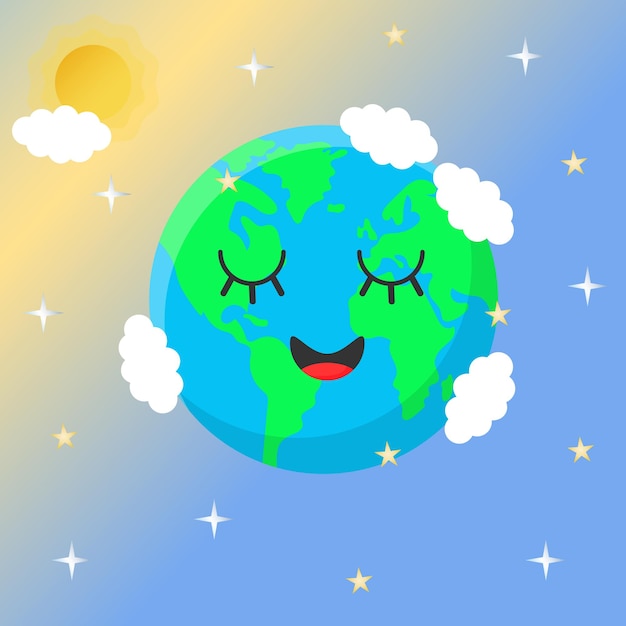 Vector cute cartoon blue planet earth with green continents and clouds