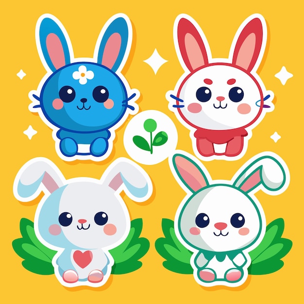 Vector cute cartoon bunnies in stickers with green leaves and a sprout in the middle